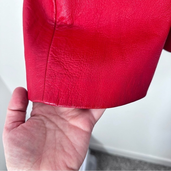 Vintage Red Leather Fur Trimmed Belted Penny Lane Winter Coat 70s Retro Eclectic - Picture 2 of 9